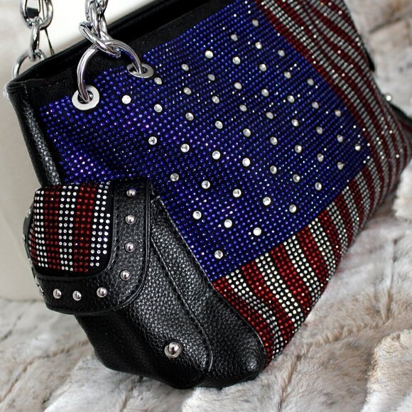 American Flag Red White Blue Rhinestone Bling Black Hobo Patriotic Handbag Bag - Picture 9 of 10